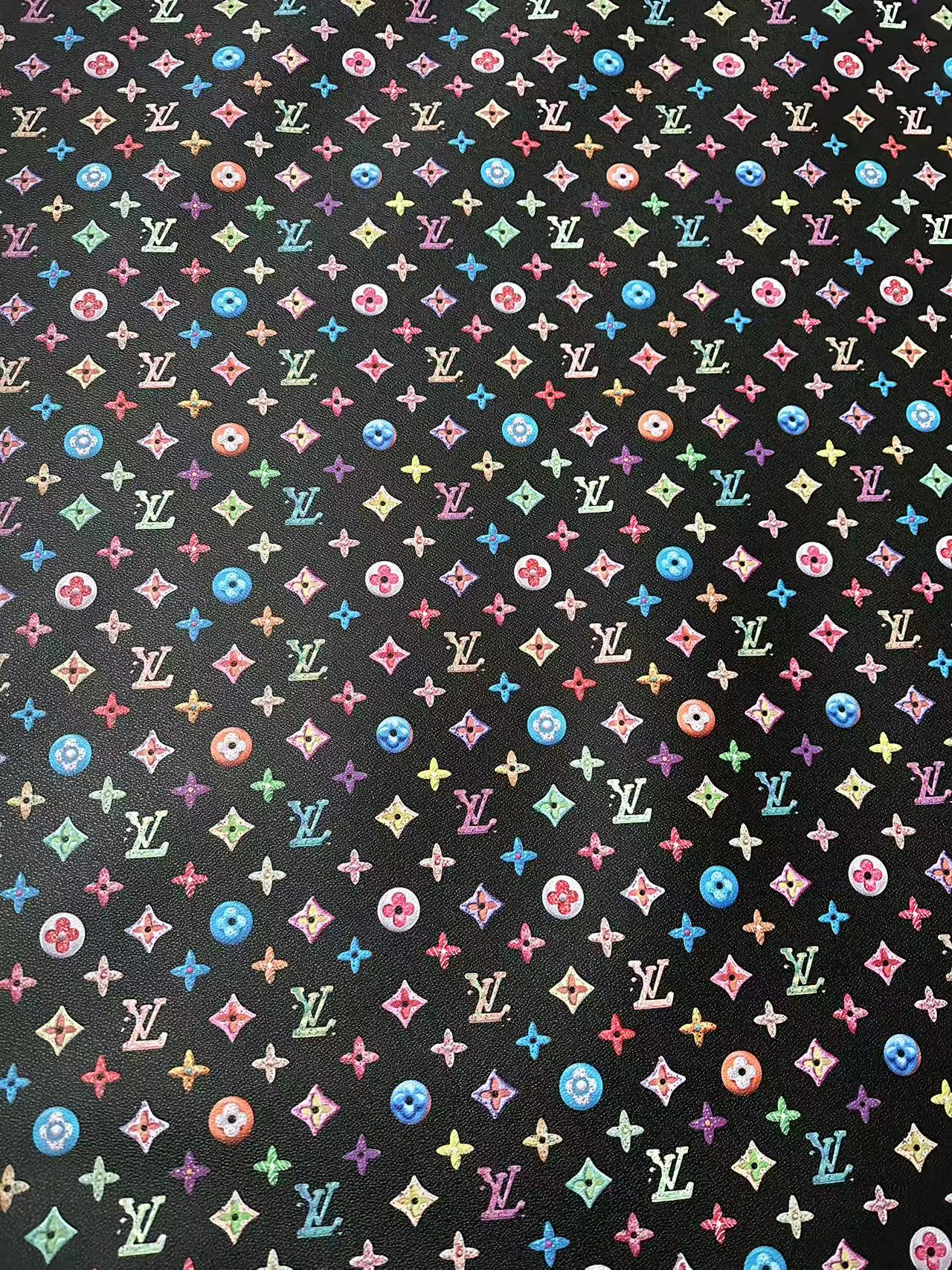 Black Colorful DIY Graffiti LV Leather Fabric For Sneaker, Shoes Upholstery Goods By Yard