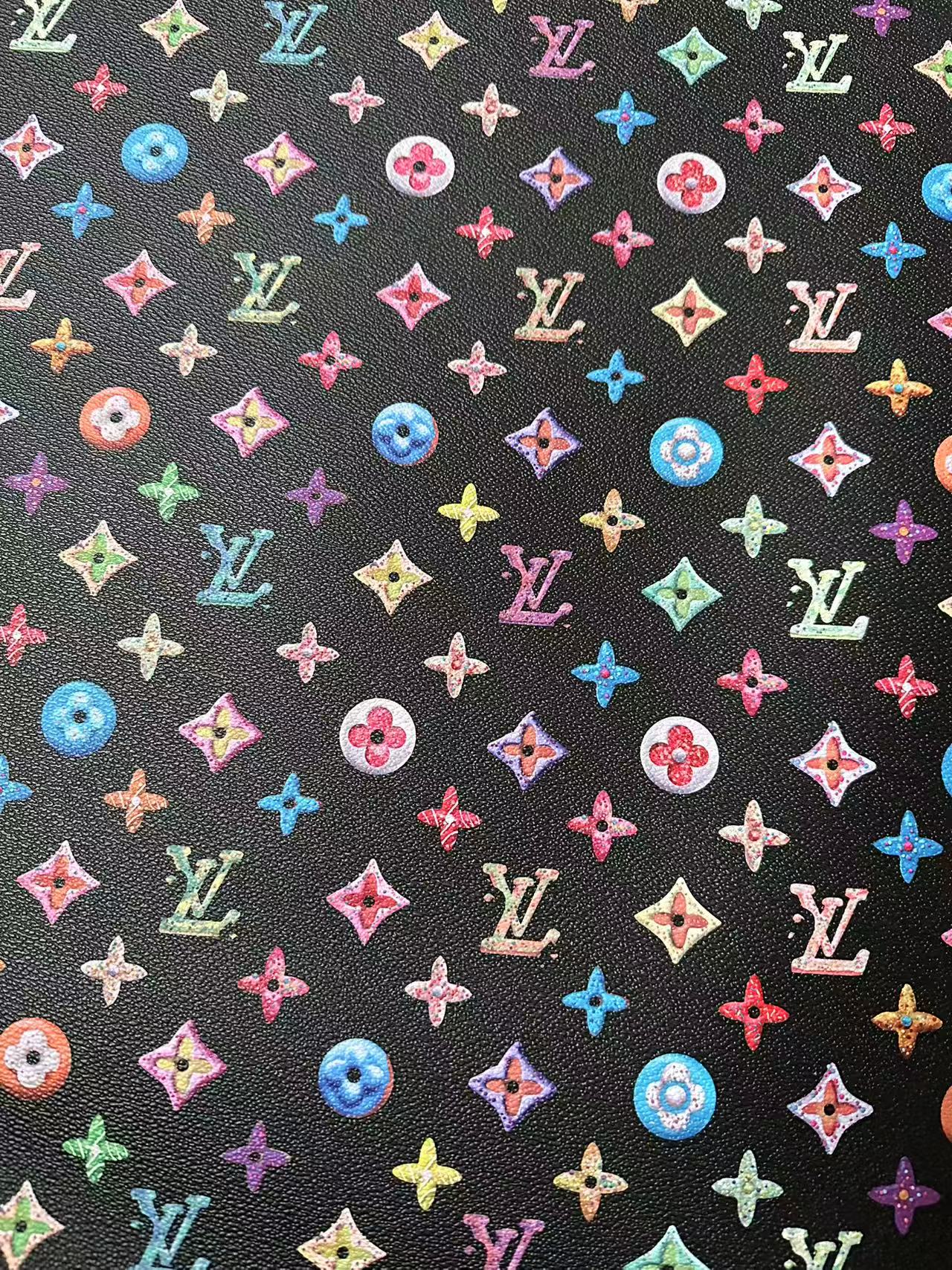 Black Colorful DIY Graffiti LV Leather Fabric For Sneaker, Shoes Upholstery Goods By Yard