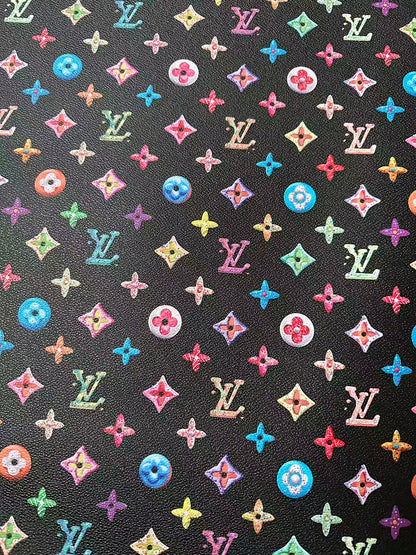 Black Colorful DIY Graffiti LV Leather Fabric For Sneaker, Shoes Upholstery Goods By Yard