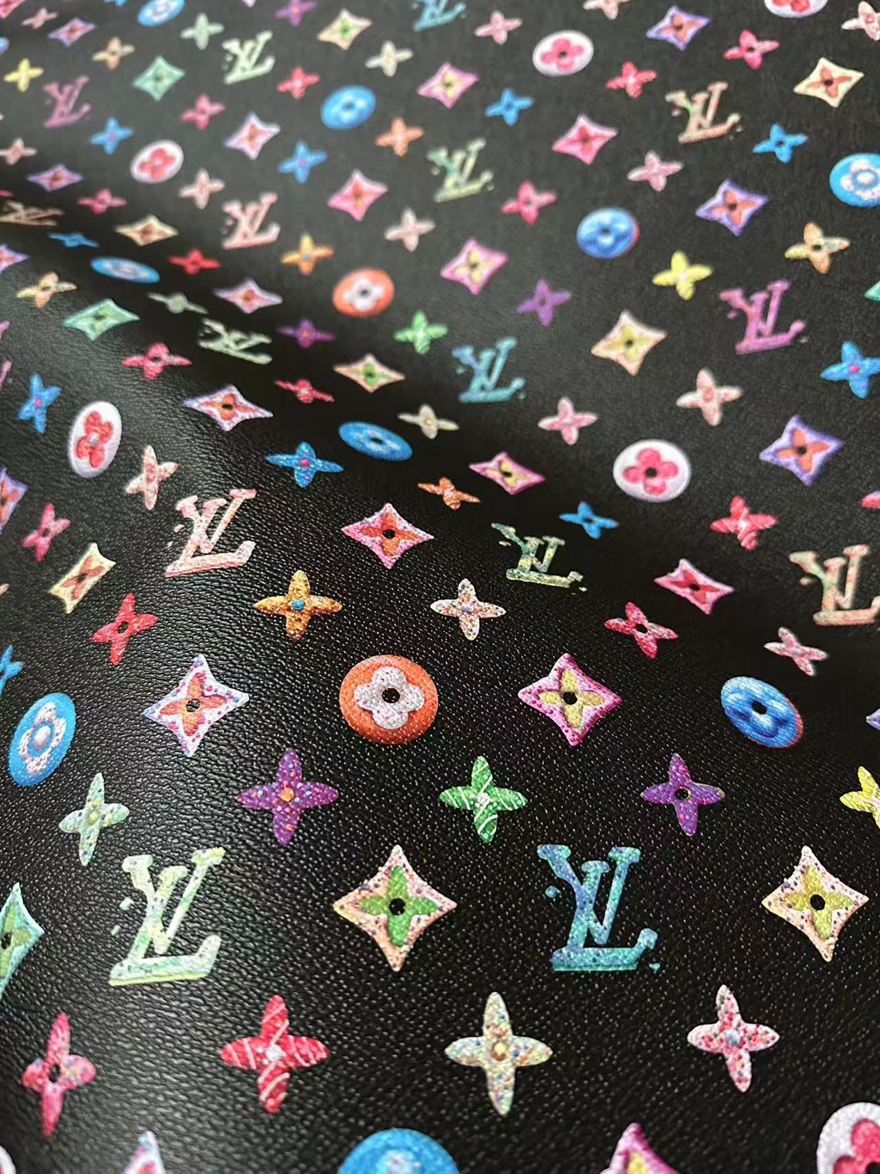 Black Colorful DIY Graffiti LV Leather Fabric For Sneaker, Shoes Upholstery Goods By Yard