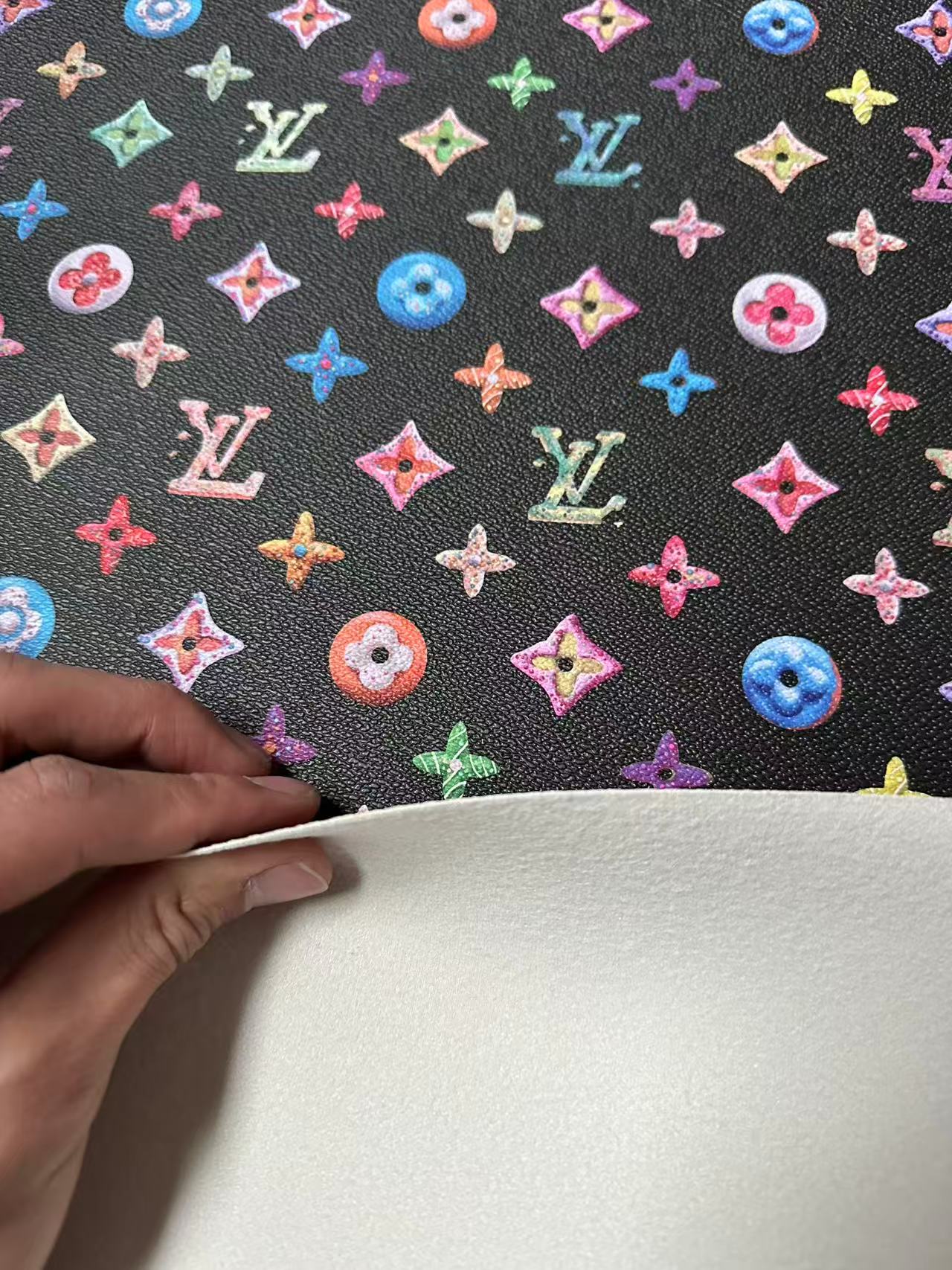 Black Colorful DIY Graffiti LV Leather Fabric For Sneaker, Shoes Upholstery Goods By Yard