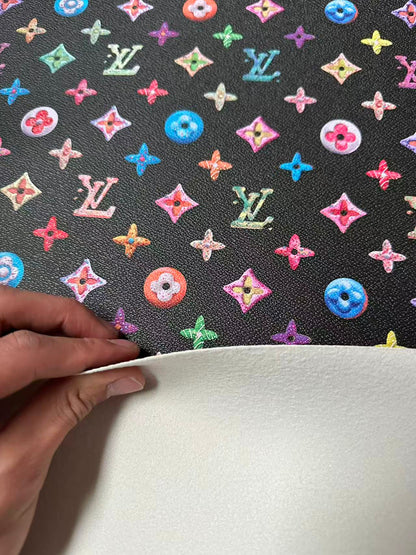 Black Colorful DIY Graffiti LV Leather Fabric For Sneaker, Shoes Upholstery Goods By Yard