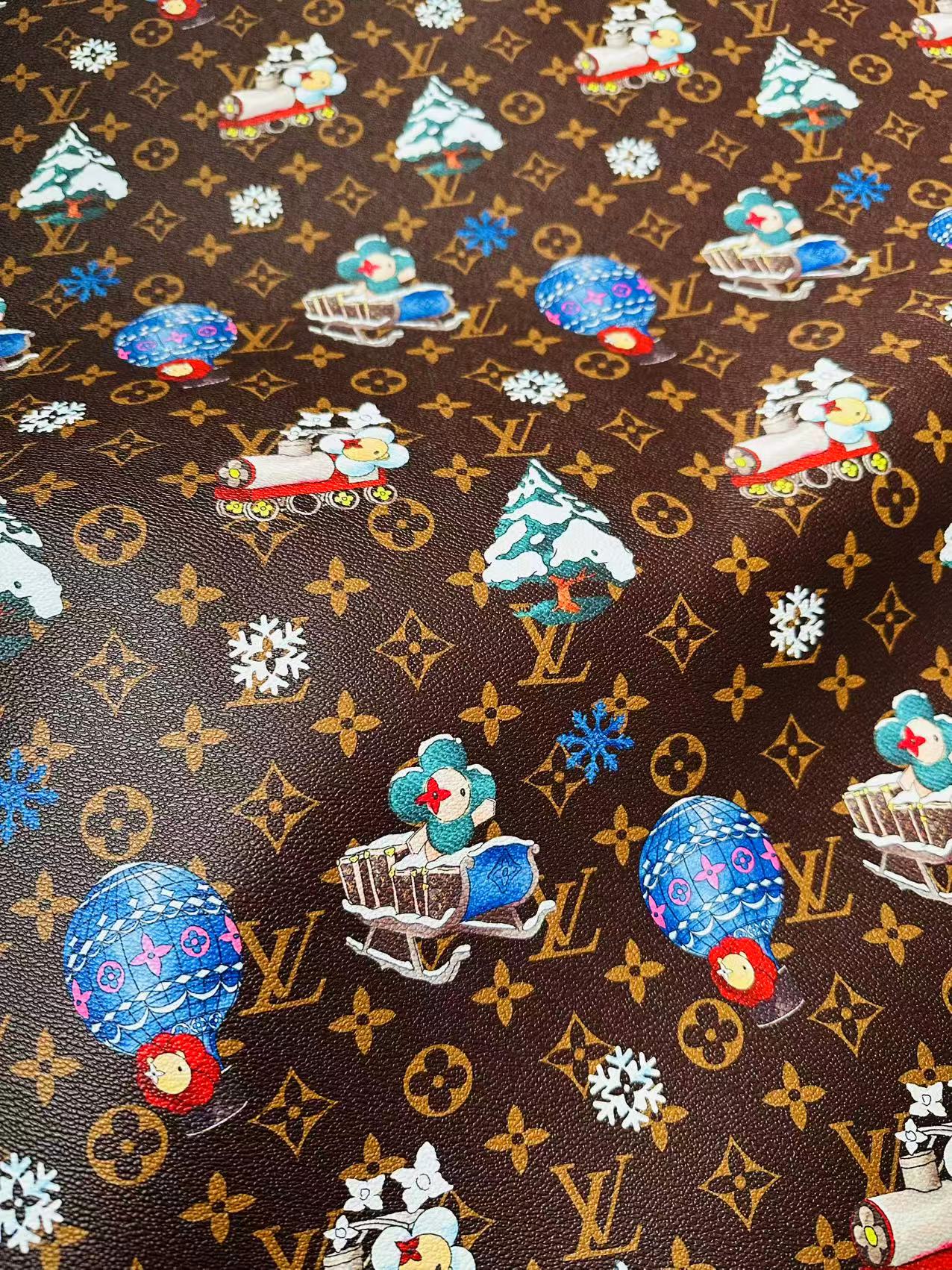 Fashion LV With Merry Christmas Snow Leather Fabric For Handmade Shoes,Car Upholstery Goods By Yard