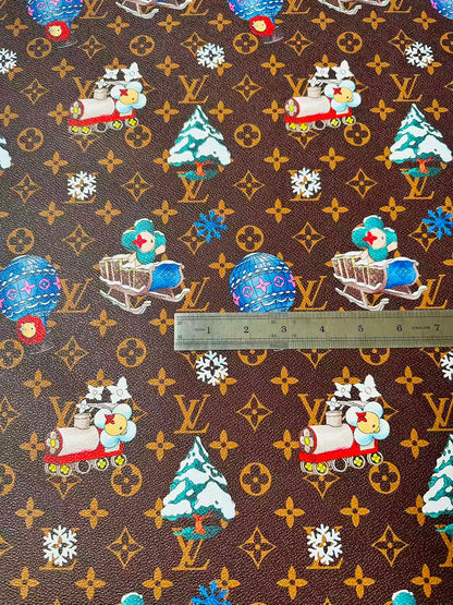 Fashion LV With Merry Christmas Snow Leather Fabric For Handmade Shoes,Car Upholstery Goods By Yard