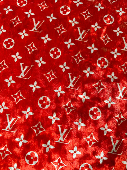 Craft Luxury Red With White LV Knitting Velvet Fabric For Handmade Sneaker,Car Upholstery,Clothing