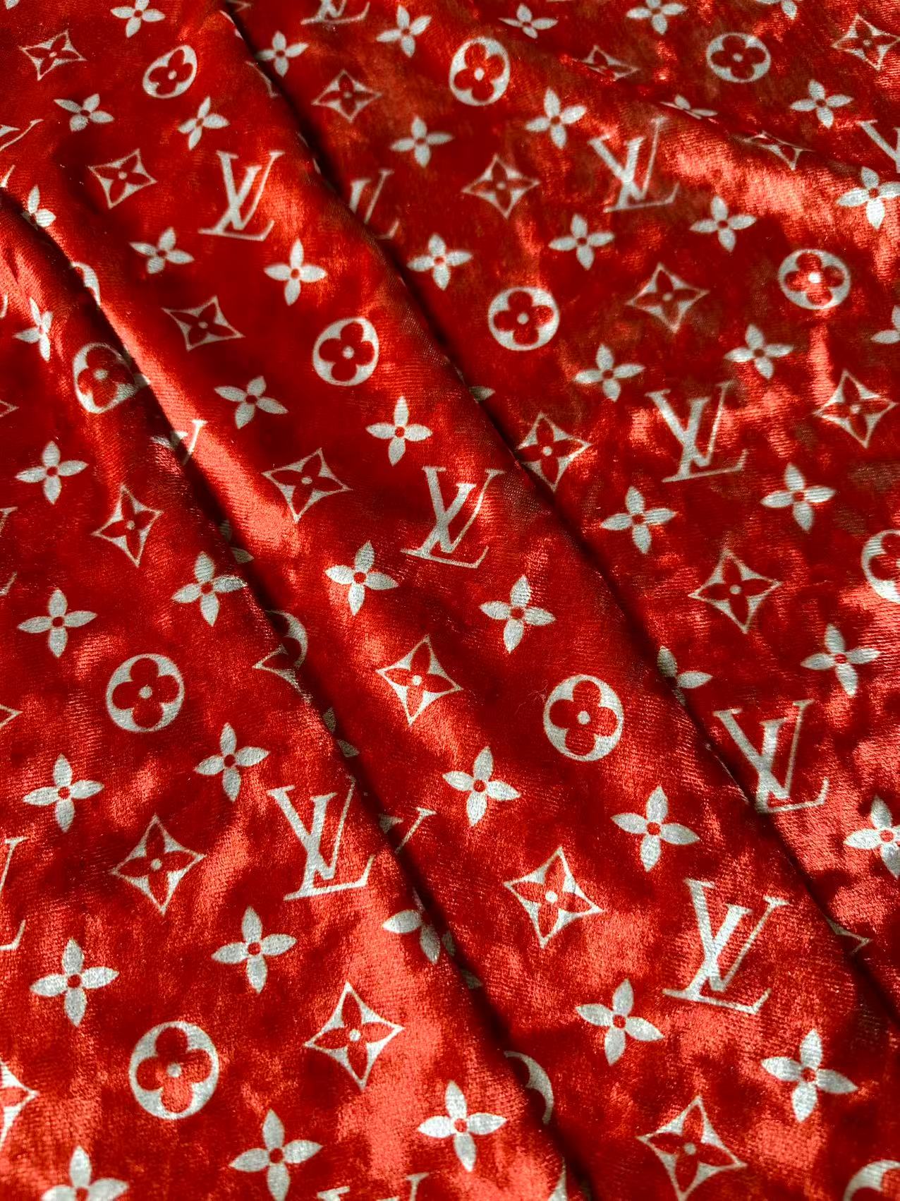 Craft Luxury Red With White LV Knitting Velvet Fabric For Handmade Sneaker,Car Upholstery,Clothing