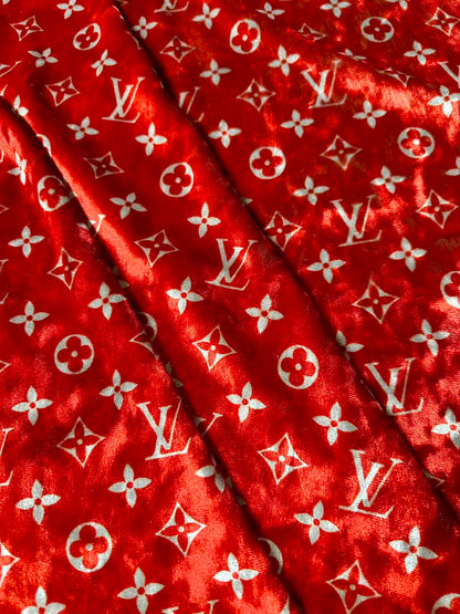 Craft Luxury Red With White LV Knitting Velvet Fabric For Handmade Sneaker,Car Upholstery,Clothing