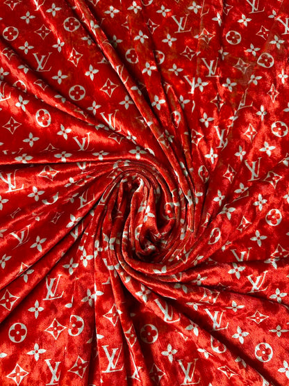 Craft Luxury Red With White LV Knitting Velvet Fabric For Handmade Sneaker,Car Upholstery,Clothing
