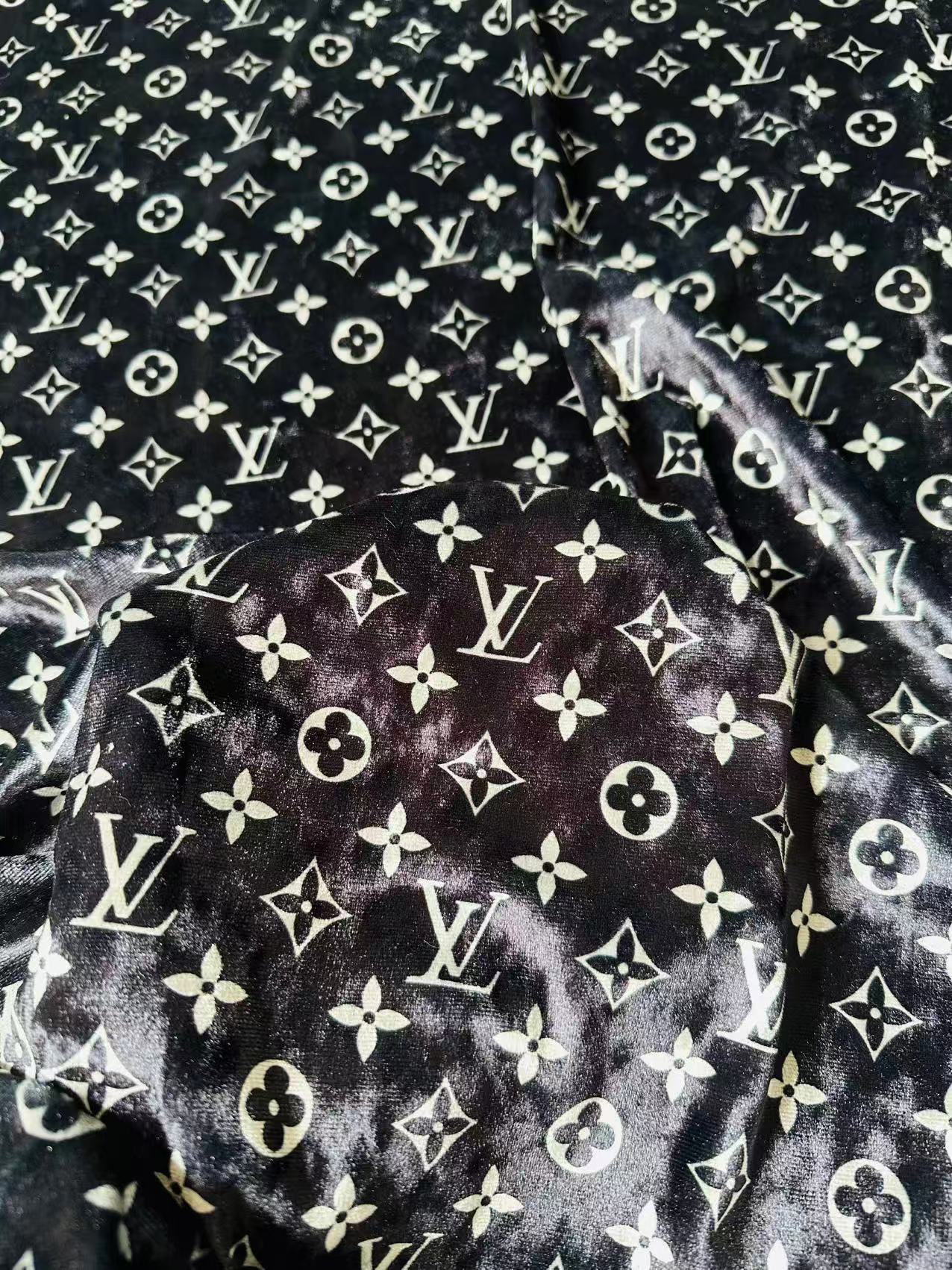 Craft Luxury Black With White LV Knitting Velvet Fabric For Handmade Sneaker,Car Upholstery and Clothing By Yard