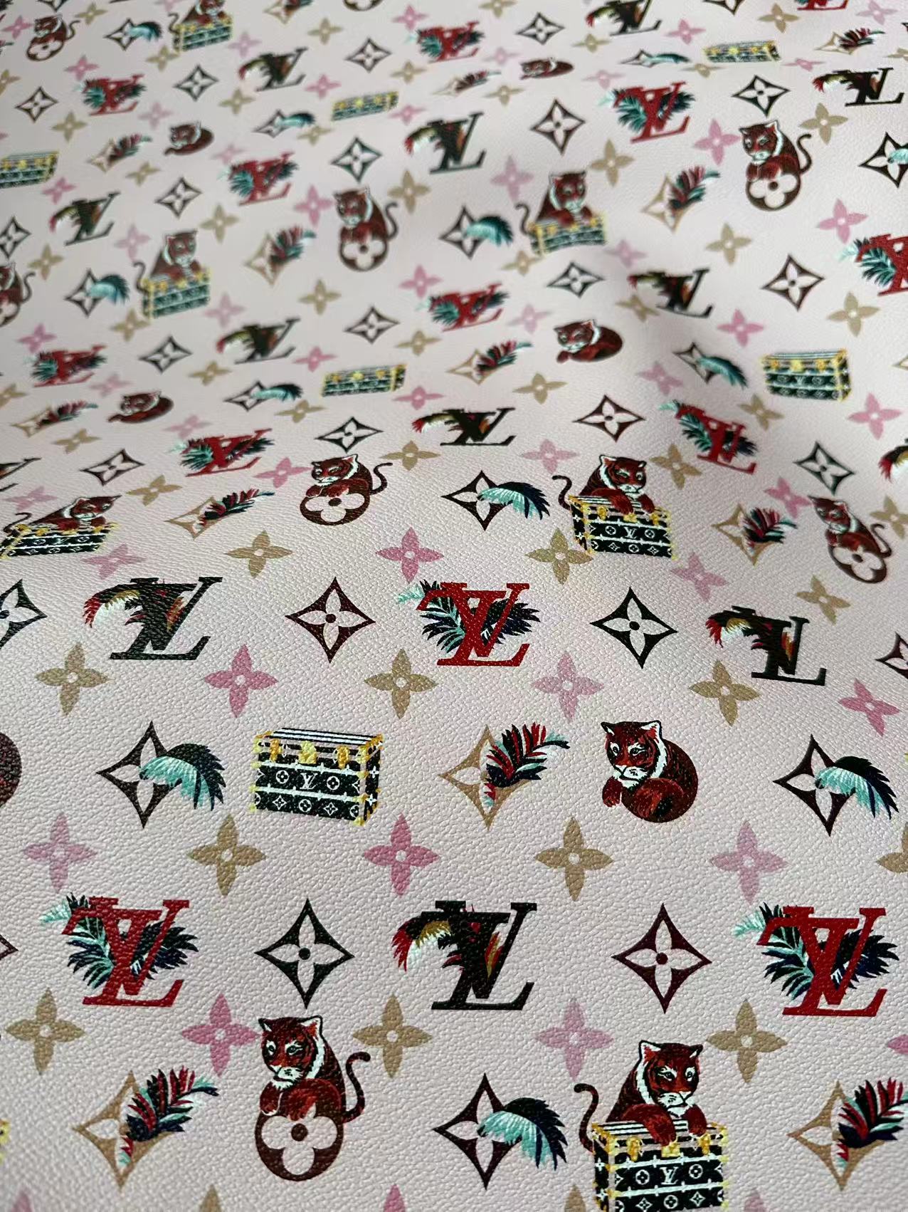 Craft Pink Tiger LV Leather Fabric For Handmade Shoes, Bag ,Upholstery Goods By Yard