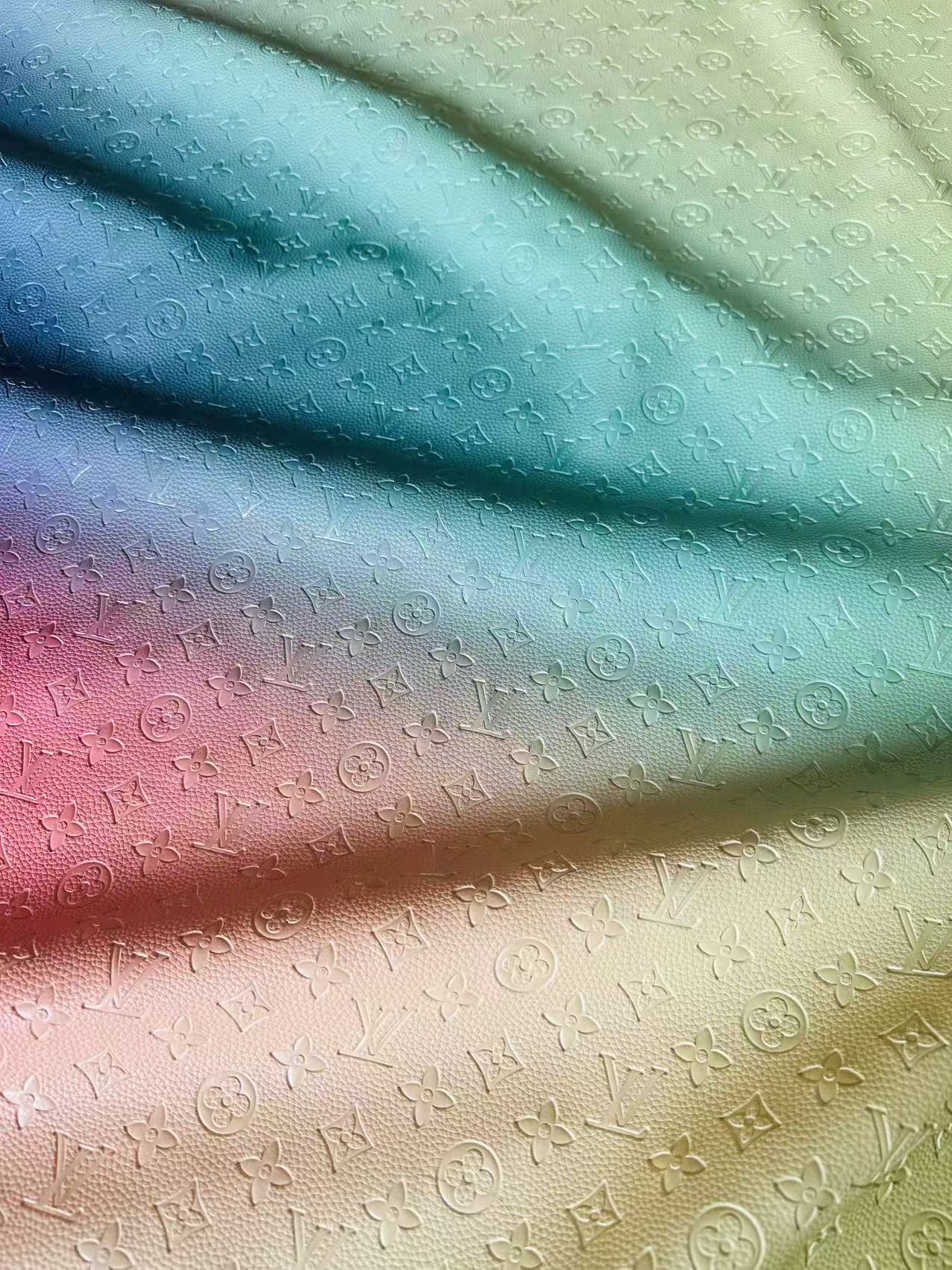 Fashion Gradient Colorful Rainbow LV Embossed Leather Fabric For Handmade Box,Upholstery Goods