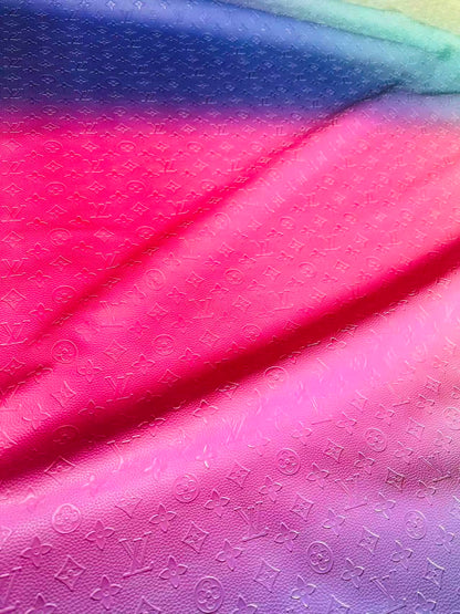 Fashion Gradient Colorful Rainbow LV Embossed Leather Fabric For Handmade Box,Upholstery Goods