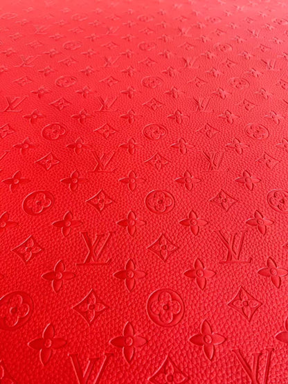 Fashion Embossed LV Crafting Leather Fabric For Handmade Bag ,Shoe and DIY Handicrafts By Yards (Red)