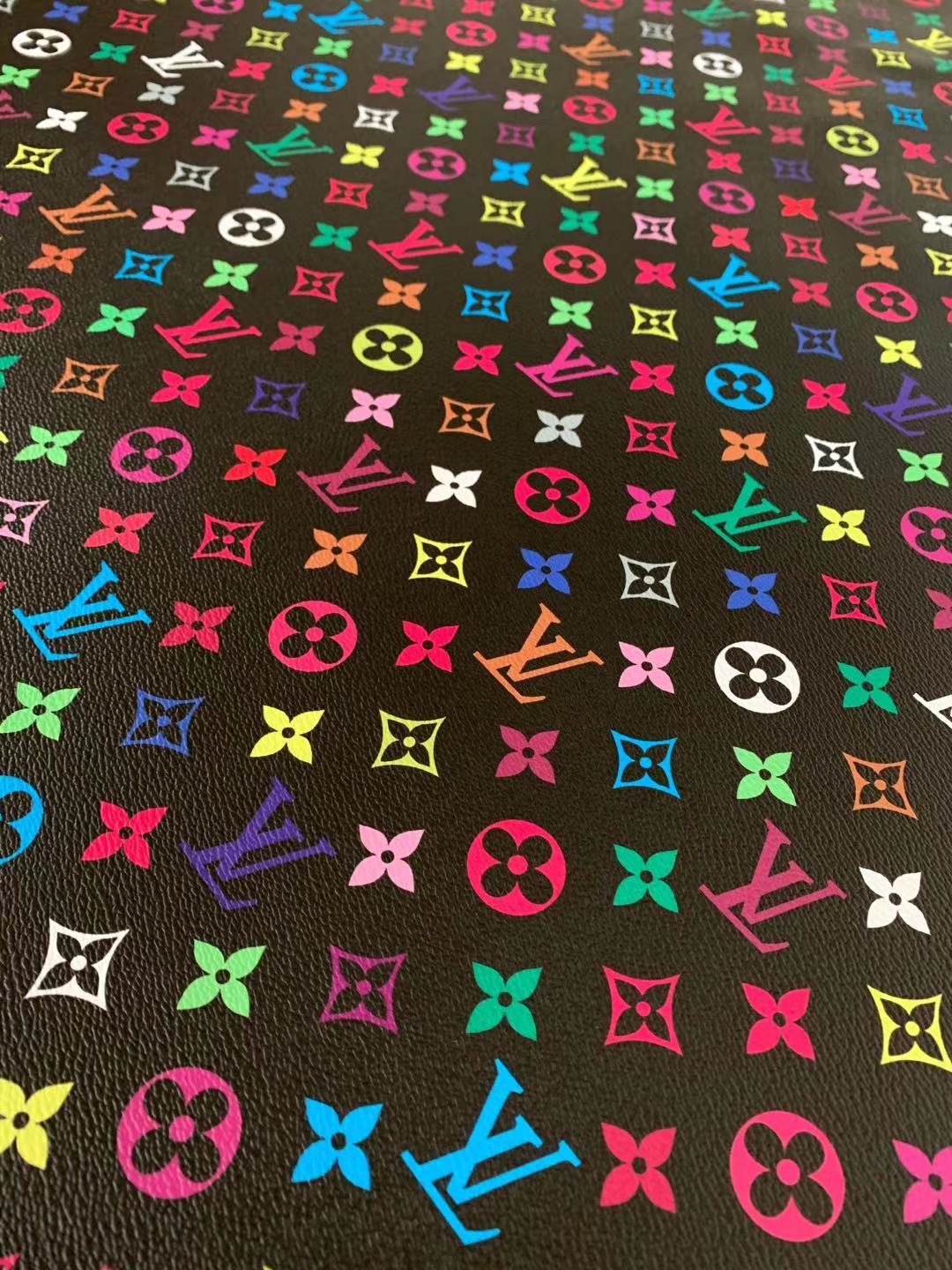 Fashion LV vinyl crafting leather fabric For Handmade Bags Shoe and DIY Handicrafts By Yard (Colorful Black)