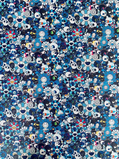 Takashi Murakami Leather Fabric ,Smile Face Flower Leather Hand-made Shoes Leather ,Hand-made Bag Leather By Yard ( Blue )