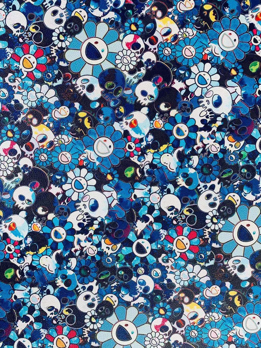 Takashi Murakami Leather Fabric ,Smile Face Flower Leather Hand-made Shoes Leather ,Hand-made Bag Leather By Yard ( Blue )