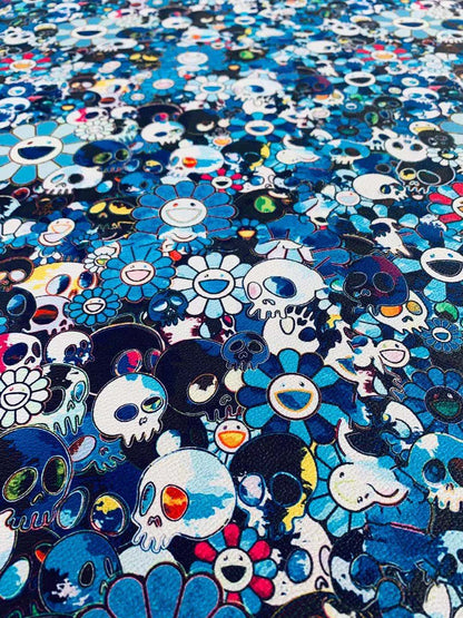 Takashi Murakami Leather Fabric ,Smile Face Flower Leather Hand-made Shoes Leather ,Hand-made Bag Leather By Yard ( Blue )