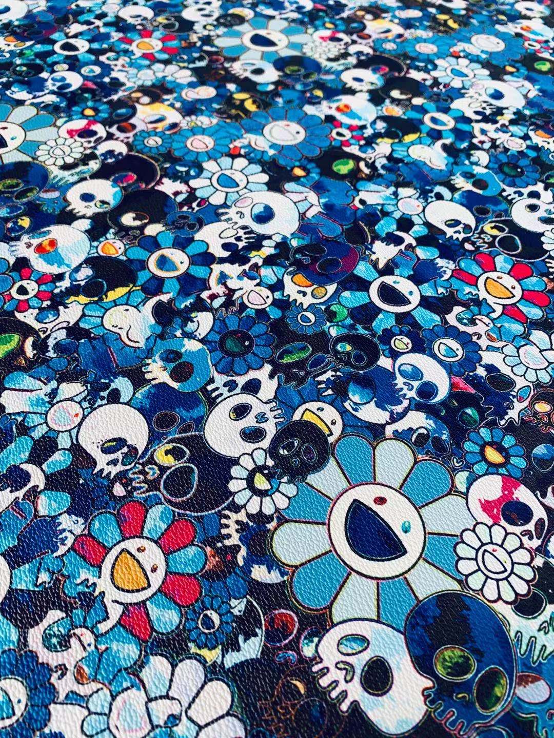 Takashi Murakami Leather Fabric ,Smile Face Flower Leather Hand-made Shoes Leather ,Hand-made Bag Leather By Yard ( Blue )