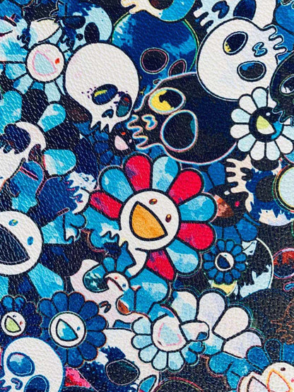 Takashi Murakami Leather Fabric ,Smile Face Flower Leather Hand-made Shoes Leather ,Hand-made Bag Leather By Yard ( Blue )