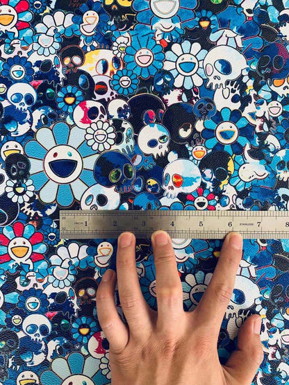 Takashi Murakami Leather Fabric ,Smile Face Flower Leather Hand-made Shoes Leather ,Hand-made Bag Leather By Yard ( Blue )