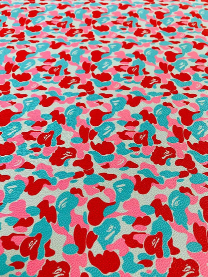 Classic Bape Fashion Custom Leather Fabric For Bags Leather Shoes Custom Leather By Yard (Red with Sky Blue)