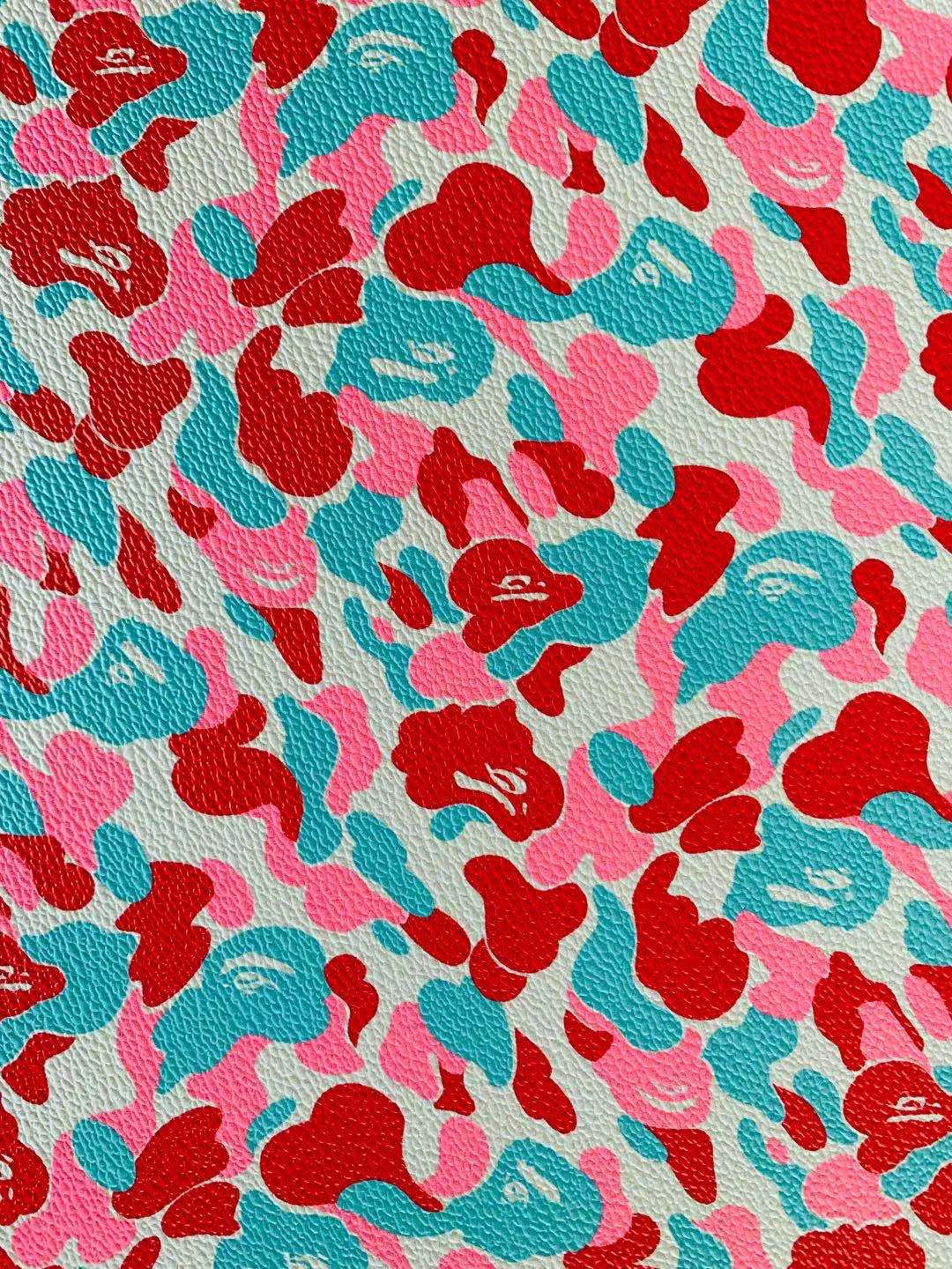 Classic Bape Fashion Custom Leather Fabric For Bags Leather Shoes Custom Leather By Yard (Red with Sky Blue)