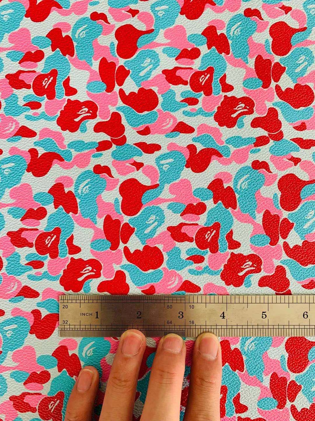 Classic Bape Fashion Custom Leather Fabric For Bags Leather Shoes Custom Leather By Yard (Red with Sky Blue)