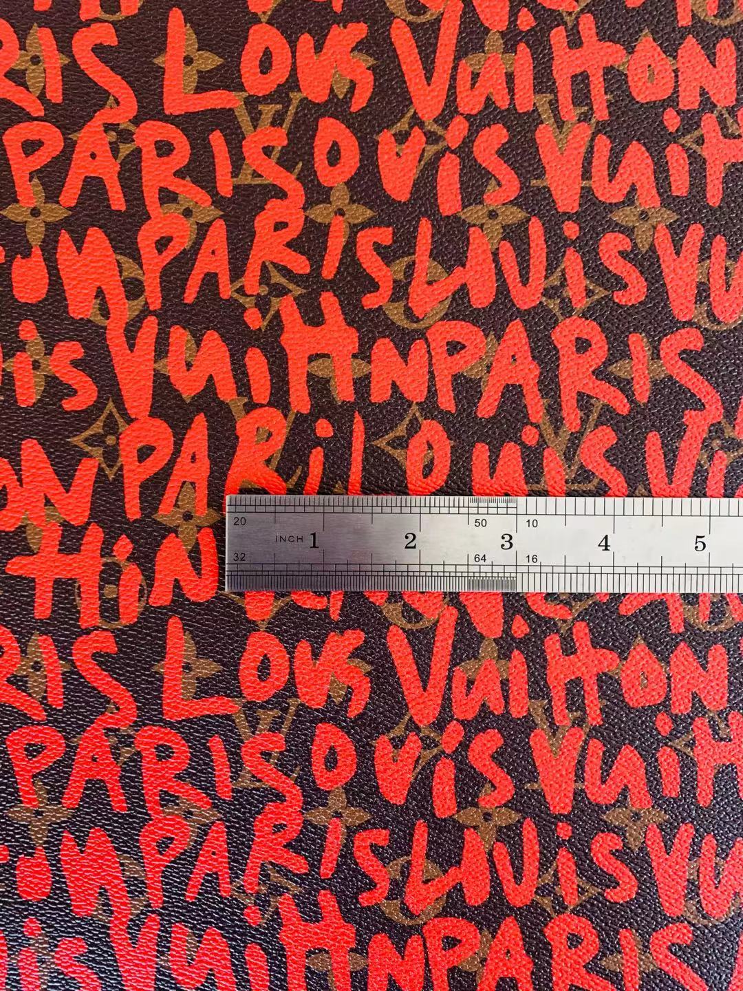 Fashion LV Graffiti Letter Design Vinyl Leather for Handmade Shoes ,Handmade Bags Leather By Yard (Red )