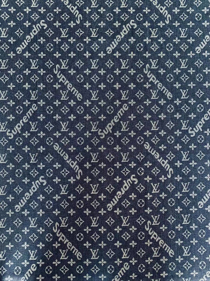 Classic LV With Supreme Denim Woven Jacquard fabric , Jean Fabric For Handmade Goods By Yard ( Dark Blue )