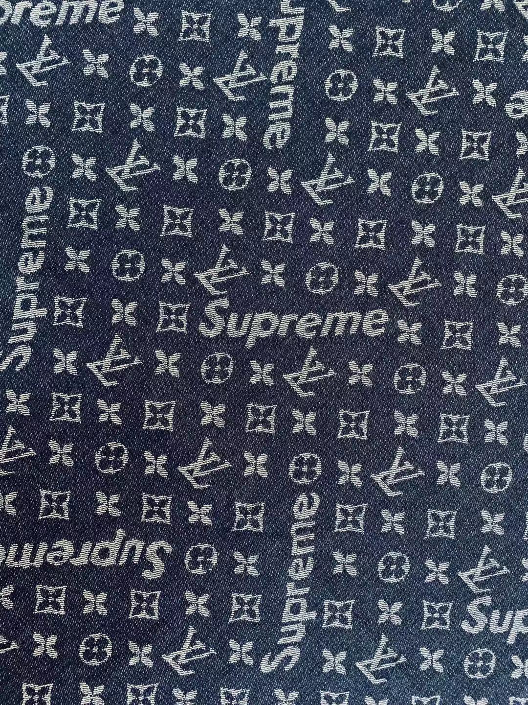 Classic LV With Supreme Denim Woven Jacquard fabric , Jean Fabric For Handmade Goods By Yard ( Dark Blue )