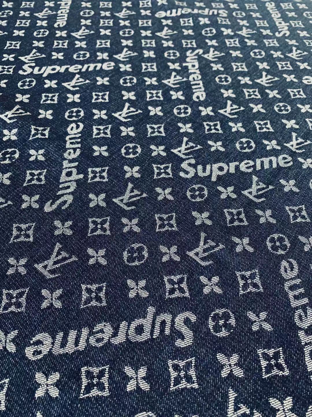 Classic LV With Supreme Denim Woven Jacquard fabric , Jean Fabric For Handmade Goods By Yard ( Dark Blue )