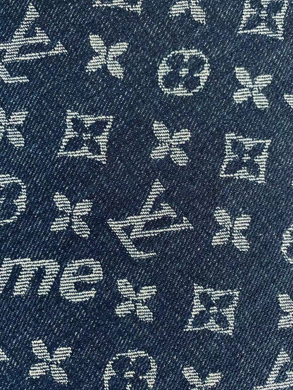 Classic LV With Supreme Denim Woven Jacquard fabric , Jean Fabric For Handmade Goods By Yard ( Dark Blue )