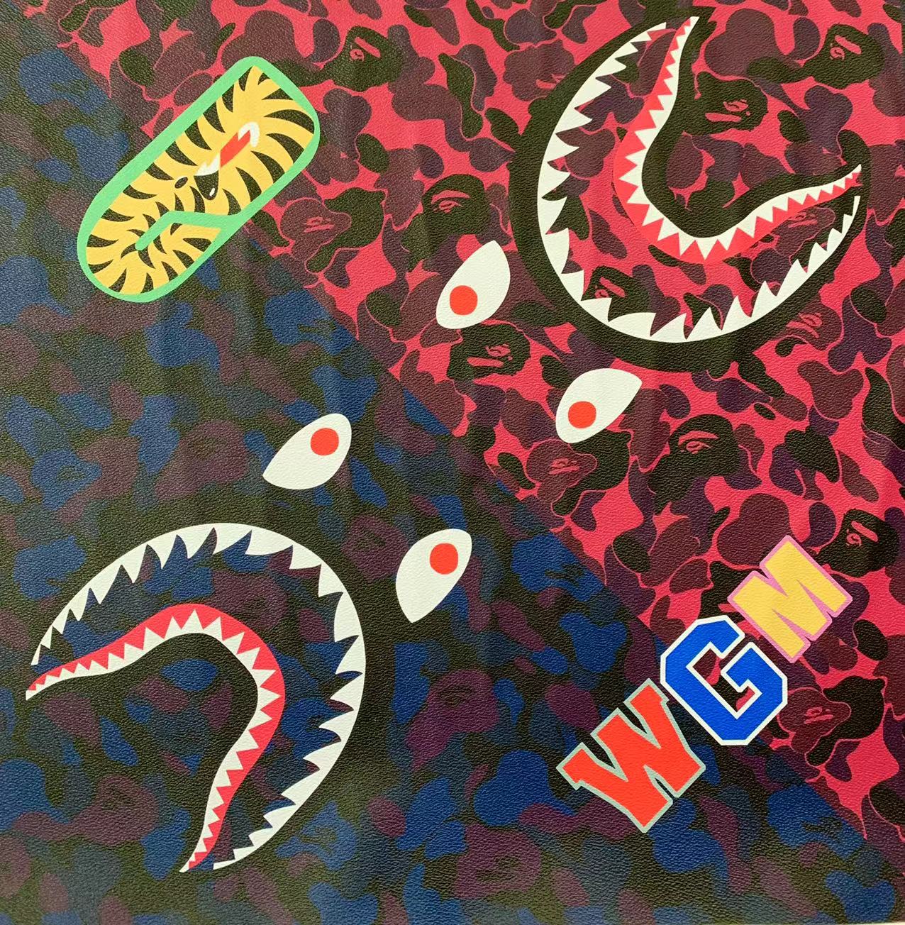 Fashion Bape Shark Teeth Design Custom Leather Fabric For Bags Leather Shoes Custom Leather By Yard (Dark Blue with Dark Pink)