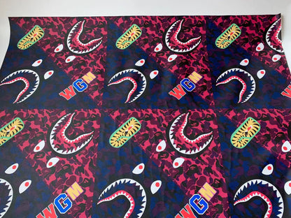 Fashion Bape Shark Teeth Design Custom Leather Fabric For Bags Leather Shoes Custom Leather By Yard (Dark Blue with Dark Pink)