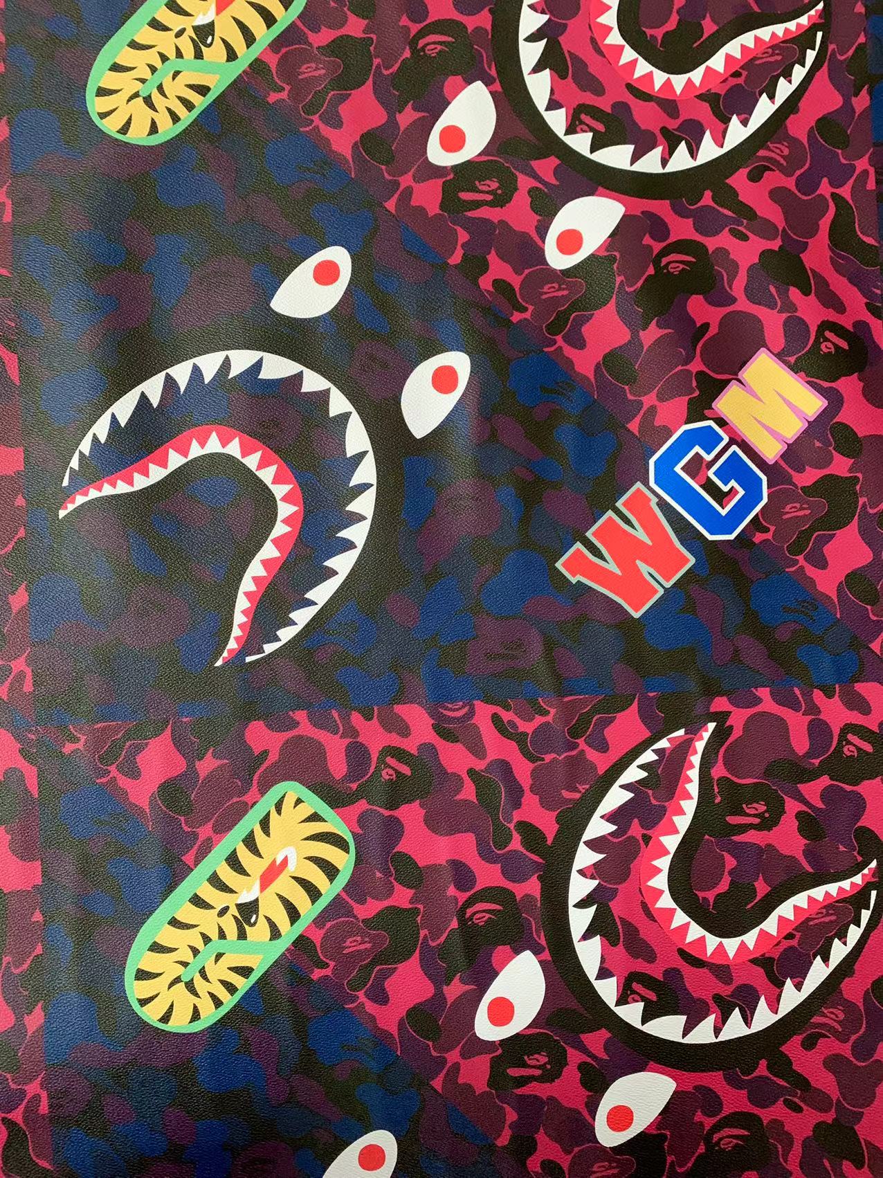 Fashion Bape Shark Teeth Design Custom Leather Fabric For Bags Leather Shoes Custom Leather By Yard (Dark Blue with Dark Pink)