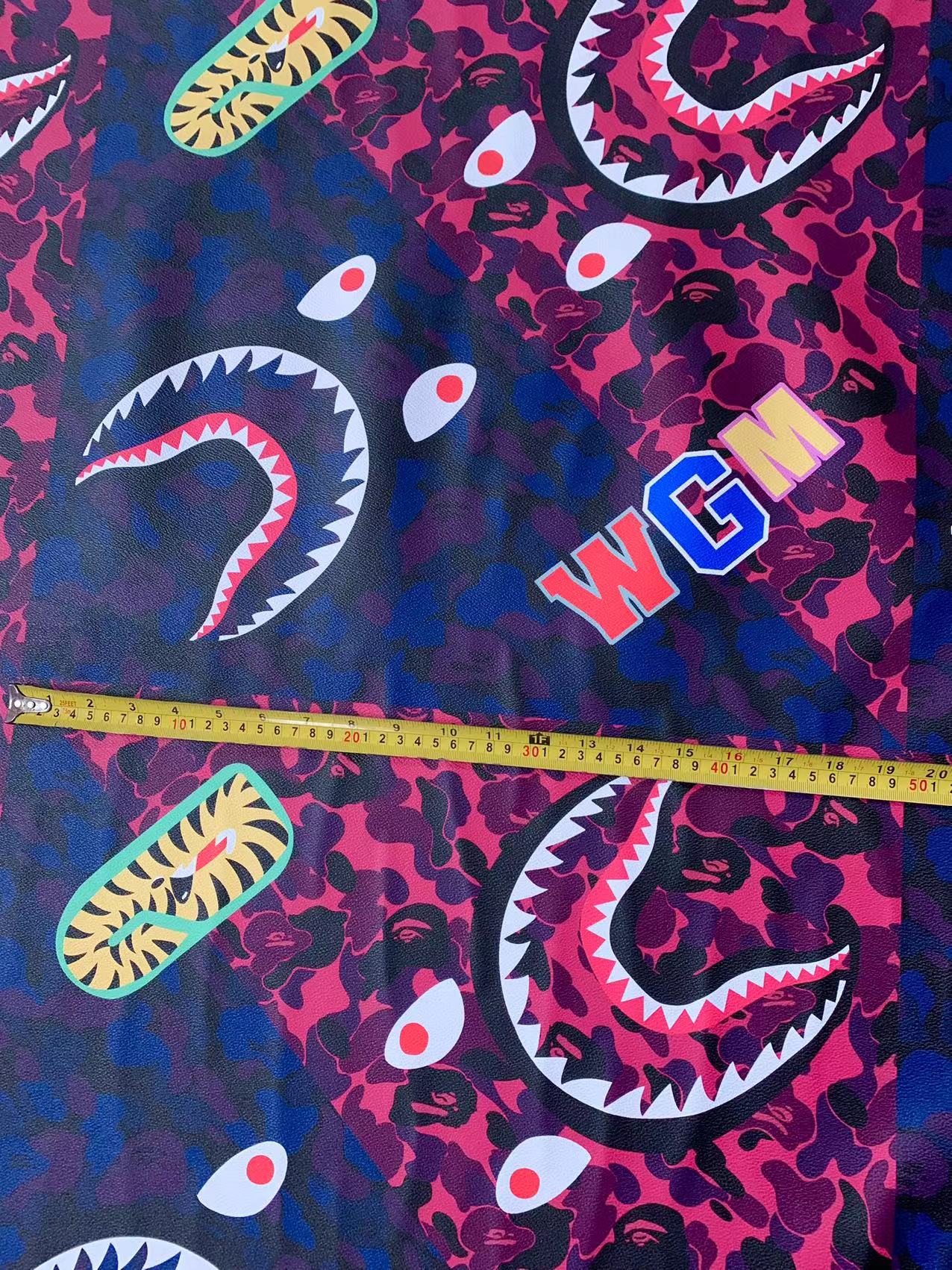 Fashion Bape Shark Teeth Design Custom Leather Fabric For Bags Leather Shoes Custom Leather By Yard (Dark Blue with Dark Pink)