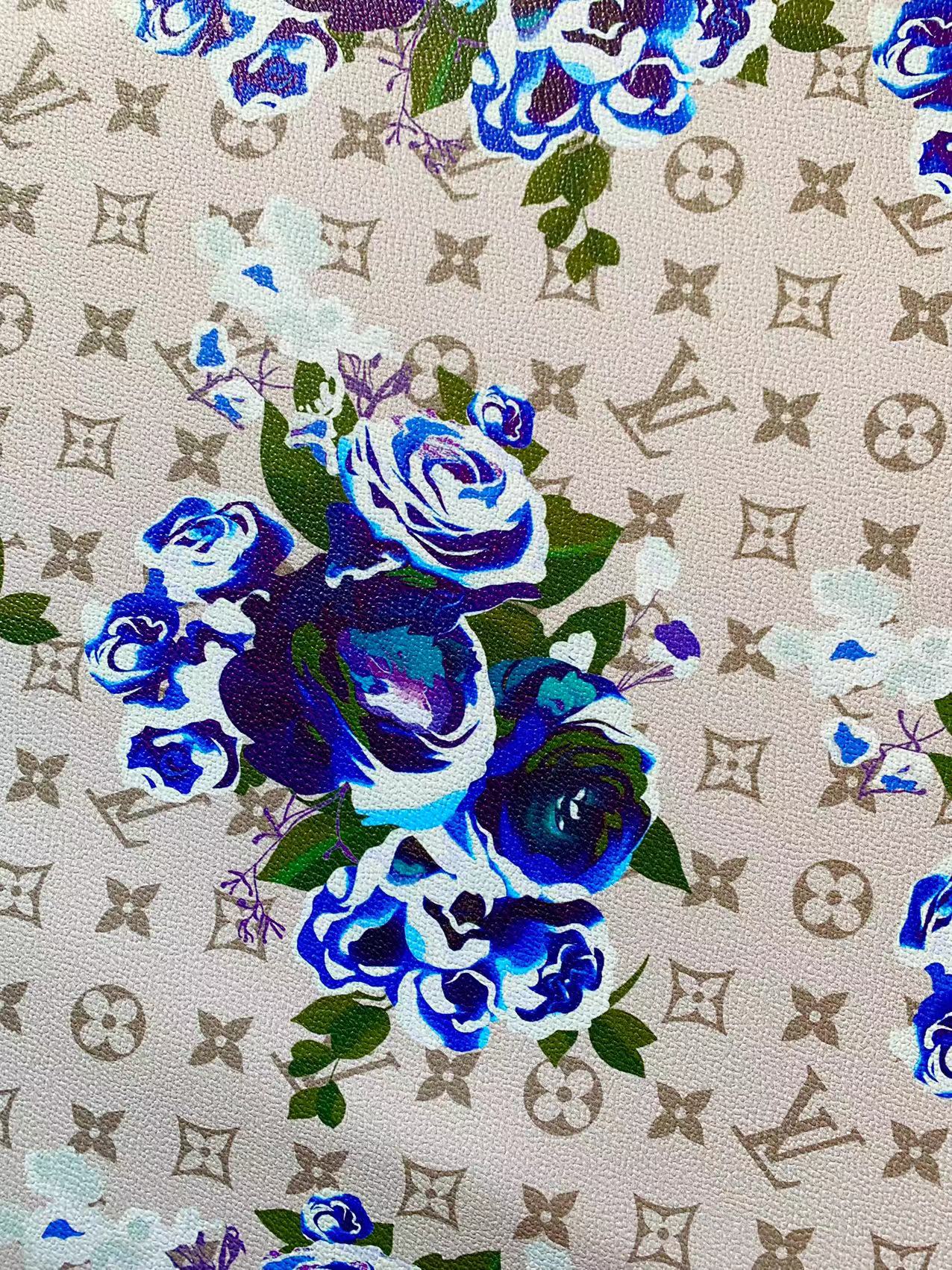 Fashion LV With Blue Rose Design Leather Fabric For Handmade Bags , Handmade Shoes By Yards