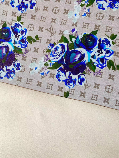 Fashion LV With Blue Rose Design Leather Fabric For Handmade Bags , Handmade Shoes By Yards