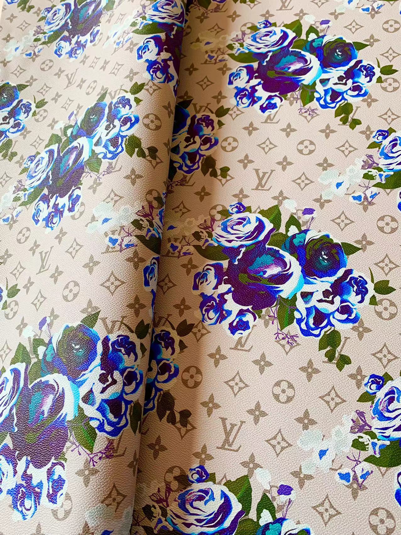 Fashion LV With Blue Rose Design Leather Fabric For Handmade Bags , Handmade Shoes By Yards