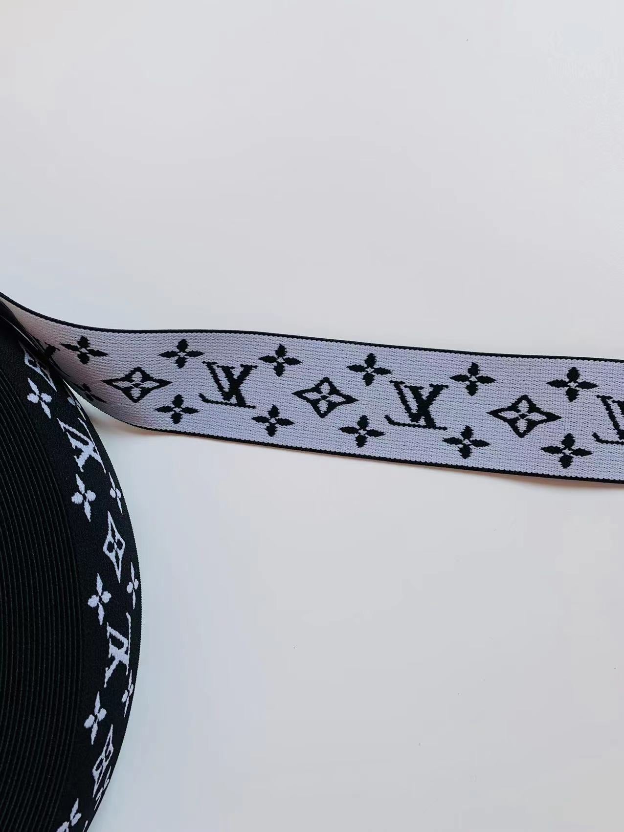 Black With White LV 1.5 inch Elastic Strap ,Handmade Striped Ribbon Trim Embroidered For Handicrafts By Yard