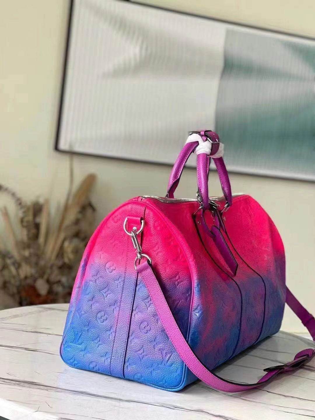 Fashion Red with Blue Gradual Change Design LV PU Material leather