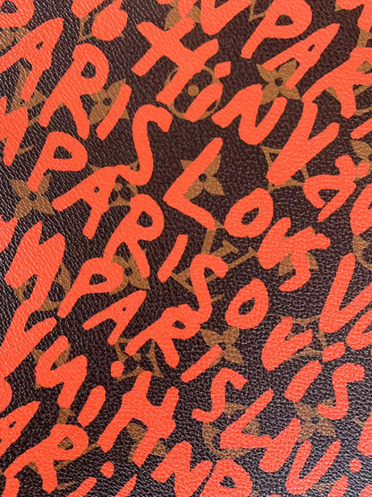 Classic LV With Graffiti Letter Design Vinyl Leather for Handmade Shoes ,Handmade Bags Leather By Yard (Orange )